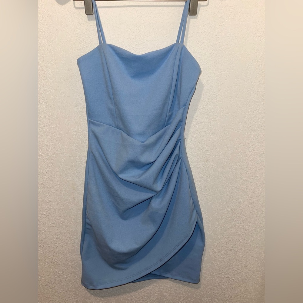 Blue Ruched Spaghetti Strap Cocktail Dress